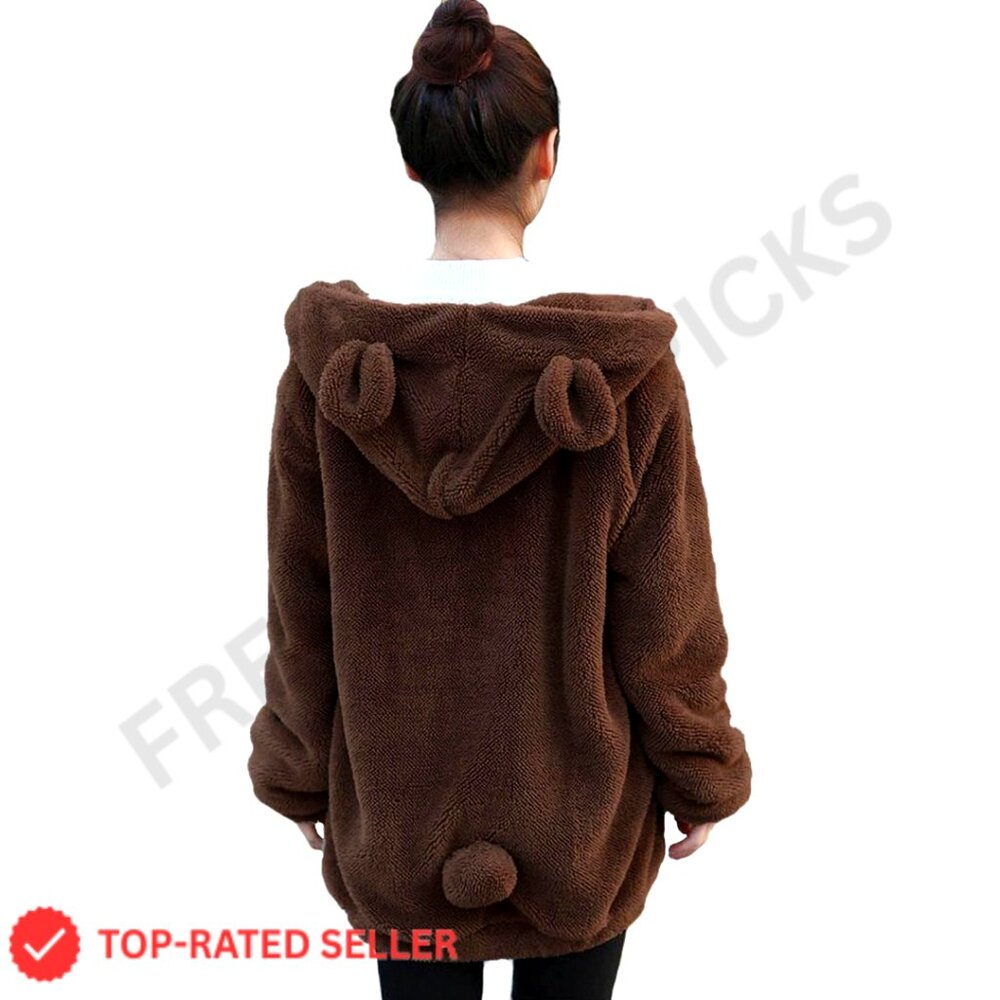 Fluffy Double-Sided Sherpa Fleece Hoodie with Ears and Tail Zip Jacket
